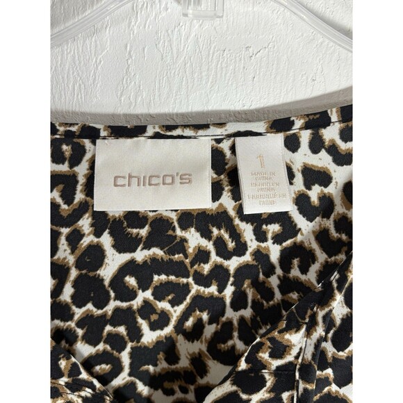 Chicos Leopard Cheetah Brown Black Sz 1 Split Neckline Roll Tab Woman’s Blouse - Picture 2 of 9